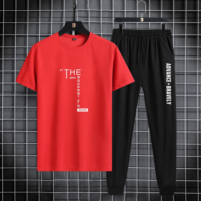 Trendy printed men's sports suit, summer casual T-shirt, leggings, two piece set, thin and breathable, solid color