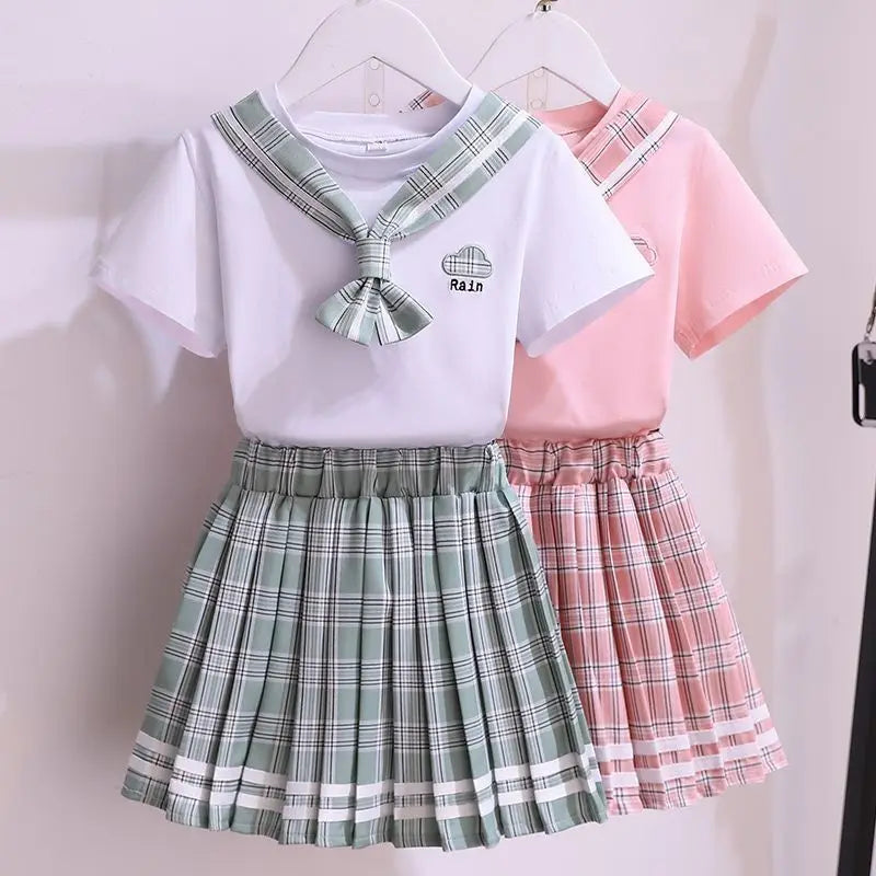 Girls Fashion JK Uniform Set College Style Plaid Pleated Skirt 2PCS Kids