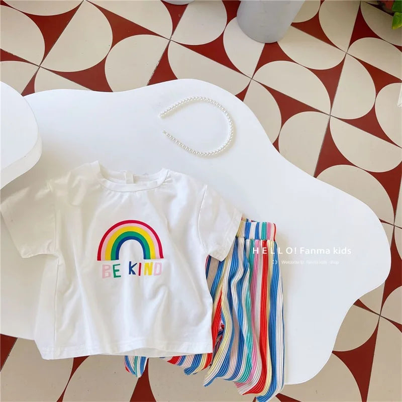 Baby Girls Tops Sets Kids Short-Sleeved Top Striped Trousers 2 Pieces Summer Rainbow
