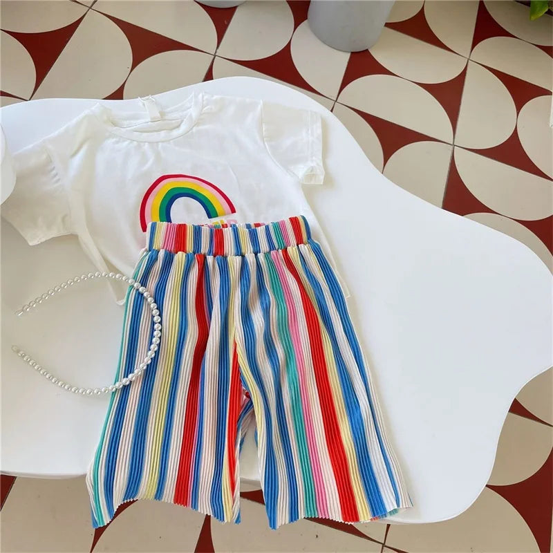 Baby Girls Tops Sets Kids Short-Sleeved Top Striped Trousers 2 Pieces Summer Rainbow