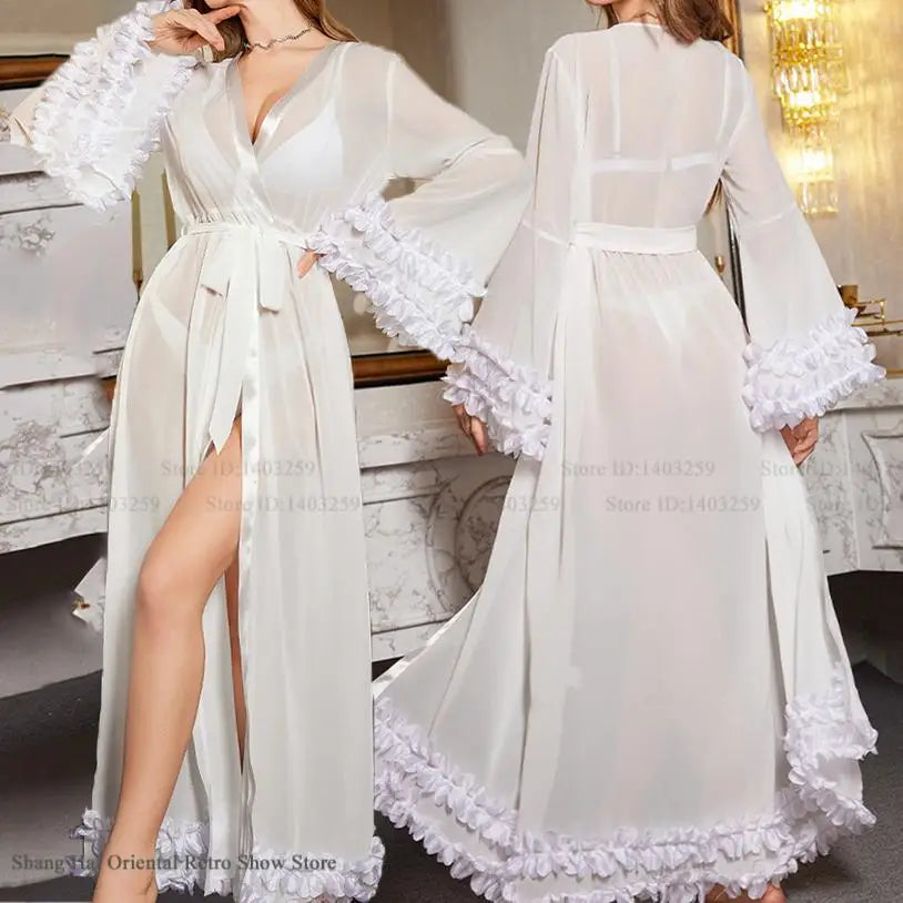 Dress Long Bathrobe Sexy White Lace Perspective Sleepwear