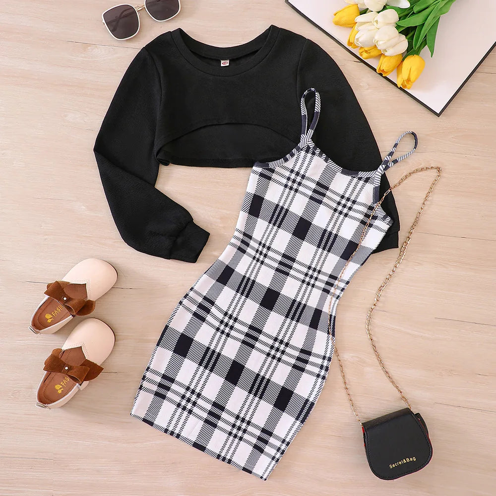 Children Fashion Long Sleeve Short Tops Plaid Cami Bodycon Dress Sets 5-14Y