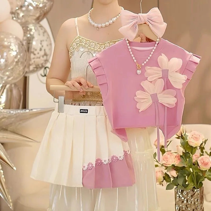 Summer Color Blocked Girls Clothes Flower Decoration Sleeveless
