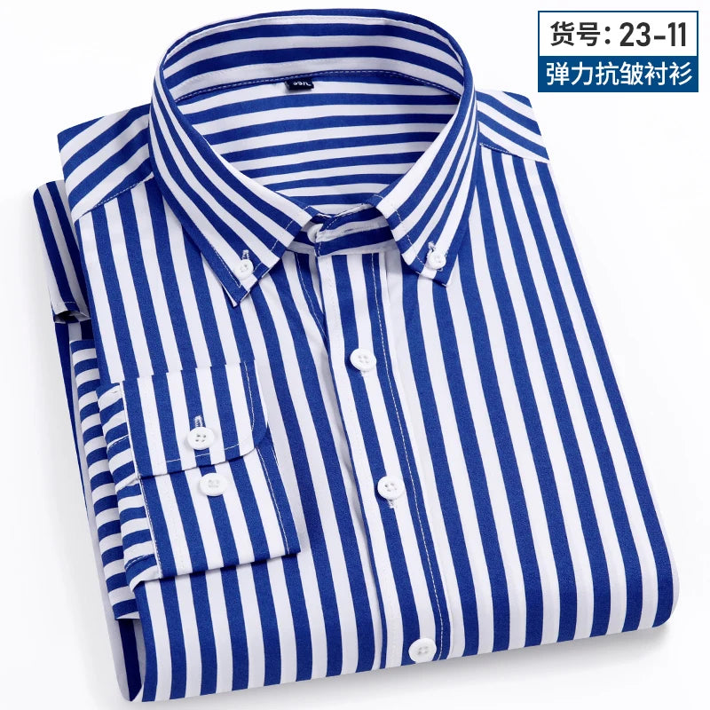 2024 Spring New Stretch Long Sleeve Shirt Men's Striped Korean Slim Shirt Business Casual No-Iron Comfortable Men's Clothing