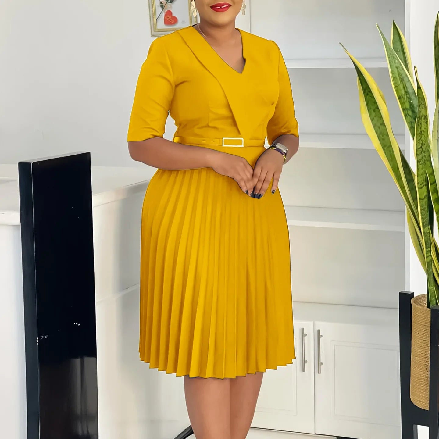 New Fashion V Neck Solid Color Pleated African Maxi Dress