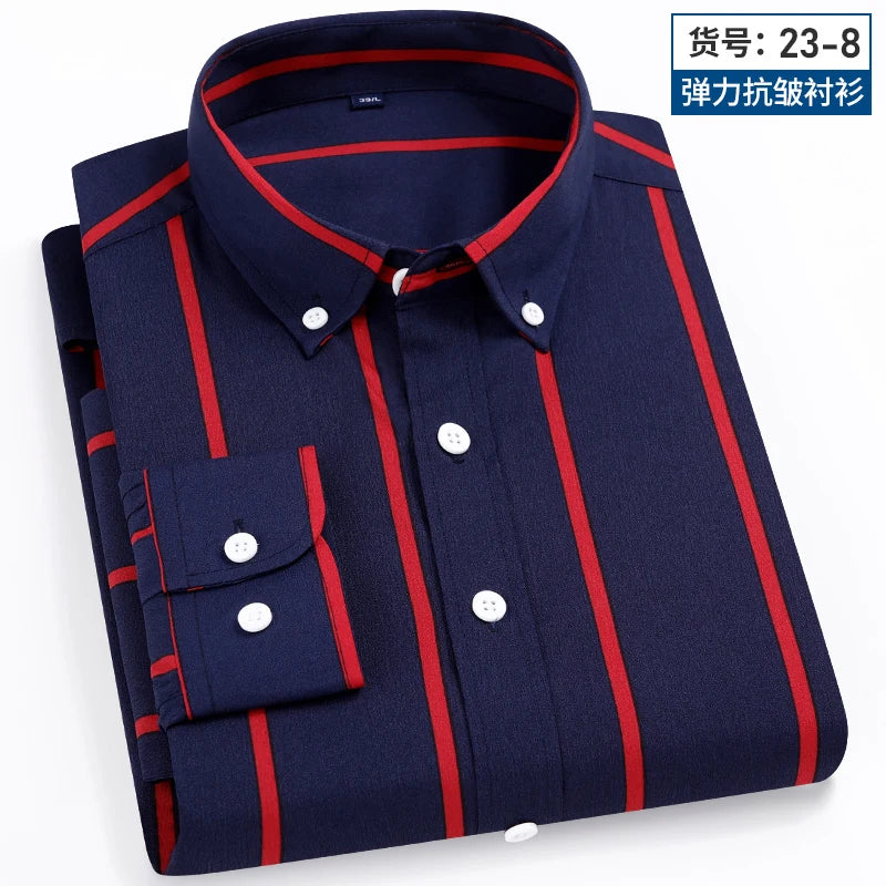 2024 Spring New Stretch Long Sleeve Shirt Men's Striped Korean Slim Shirt Business Casual No-Iron Comfortable Men's Clothing