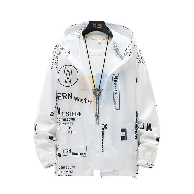 New Men's Lightweight Hooded Jacket Anti-UV Breathable Coats Letter Print