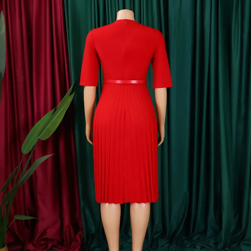 New Fashion V Neck Solid Color Pleated African Maxi Dress