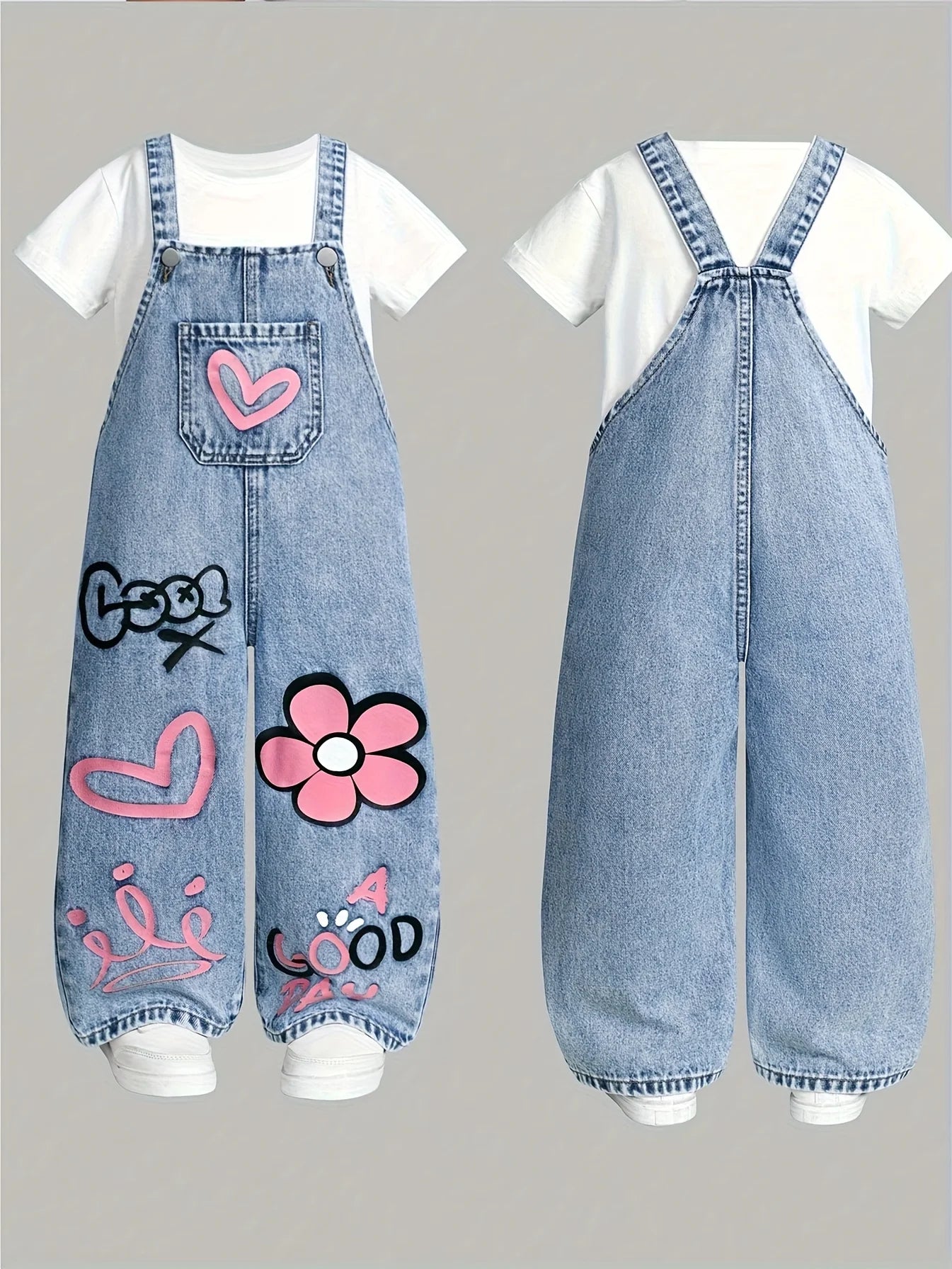 Girls' floral, heart-shaped, rainbow graffiti pattern casual and comfortable
