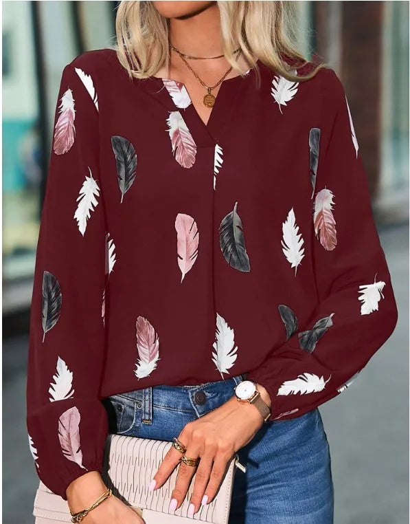 Plus Size Woman Blouse Shirts For Women Stylish Top long Sleeve Feathers