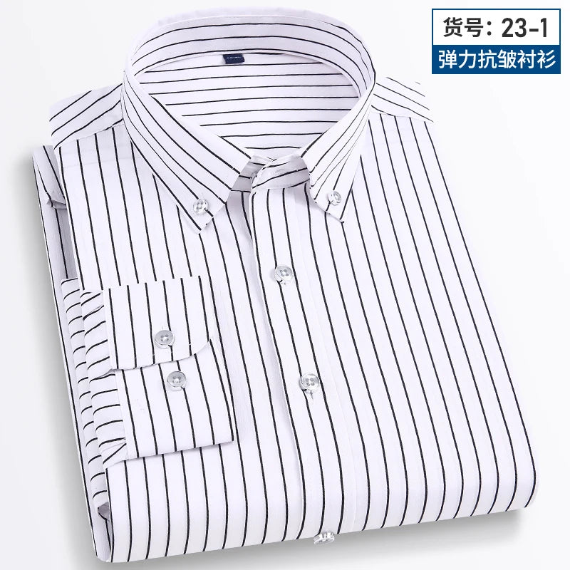 2024 Spring New Stretch Long Sleeve Shirt Men's Striped Korean Slim Shirt Business Casual No-Iron Comfortable Men's Clothing