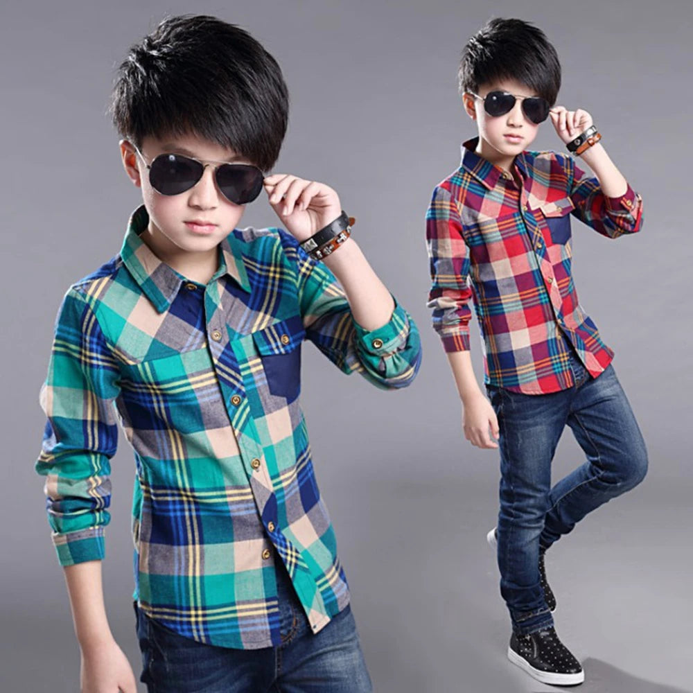 Teenager Boys Shirt Kids Cotton Boys Plaid Shirt
