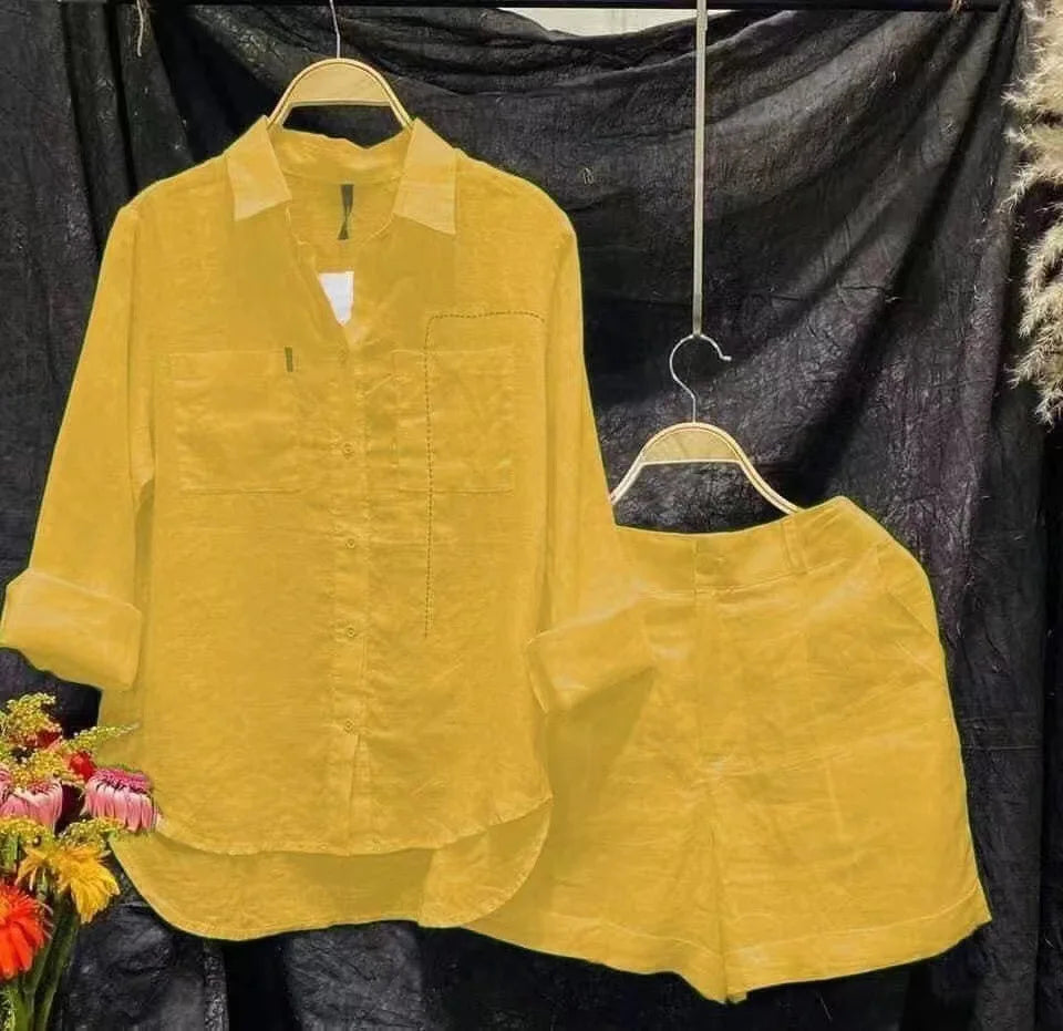Cotton Linen Casual Shirt Two Piece Set For Women Shorts 2 Piece Sets Outfit Long Sleeve Short Sets