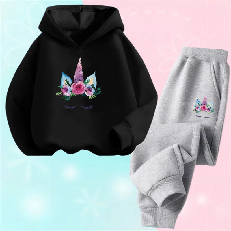Children's Cute Owl Hoodie And Pants Set Toddler Girls Clothing Spring Autumn Print Sports Tracksuit Age 3-14