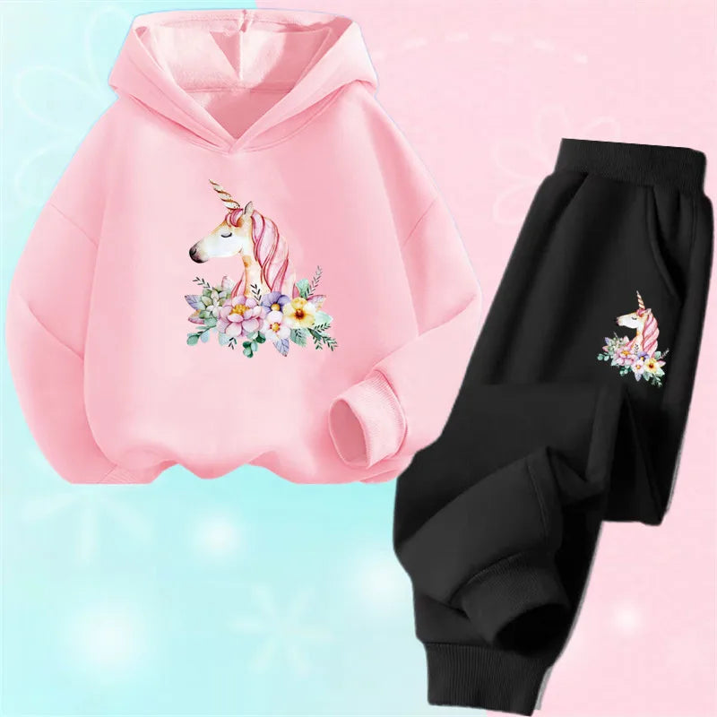 Girls Unicorn Sport Clothing Set Spring Fall Kids Fashion Tracksuit Hoody Sweatershirt Pants Outfit