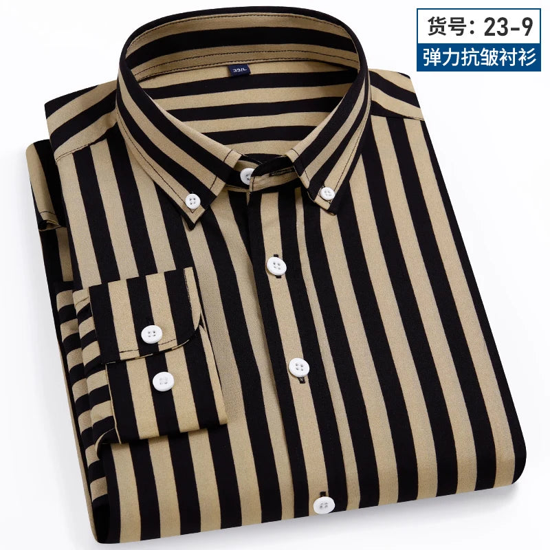 2024 Spring New Stretch Long Sleeve Shirt Men's Striped Korean Slim Shirt Business Casual No-Iron Comfortable Men's Clothing