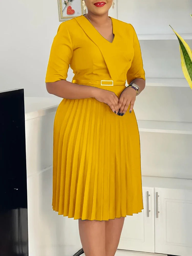 New Fashion V Neck Solid Color Pleated African Maxi Dress