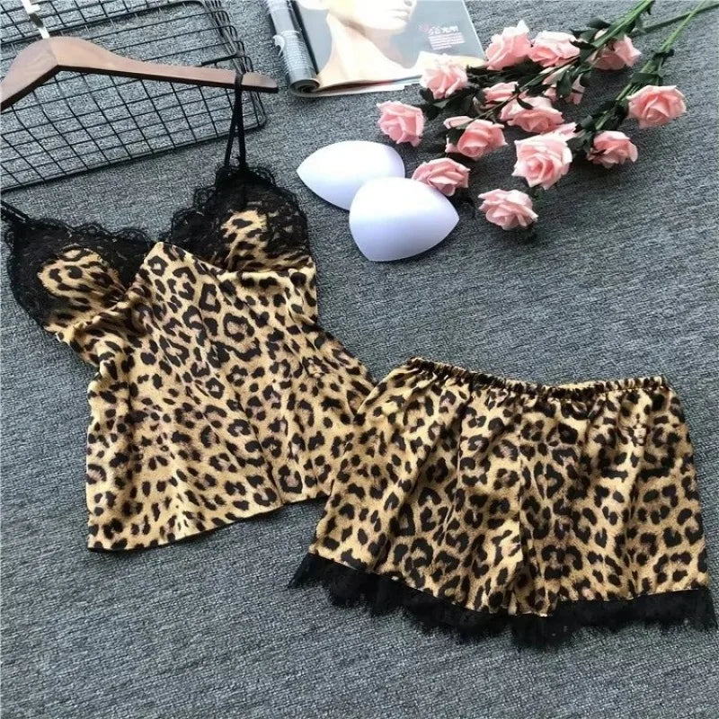 sexy lace splicing leopard print suspenders and leopard print shorts two-piece set