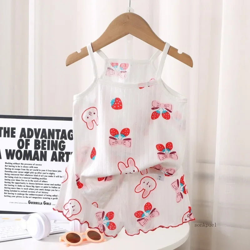 2pc Children's Summer Thin Strap Set Baby Shorts +tops Cotton Vest Girls