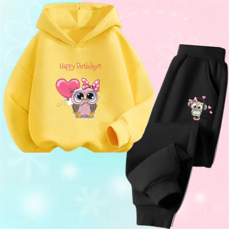 Children's Cute Owl Hoodie And Pants Set Toddler Girls Clothing Spring Autumn Print Sports Tracksuit Age 3-14