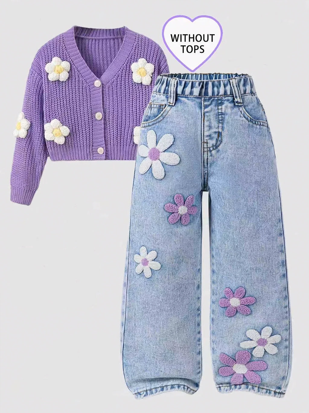 Girls' Floral-Printed Towel-Stitch Denim Jeans