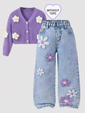 Girls' Floral-Printed Towel-Stitch Denim Jeans