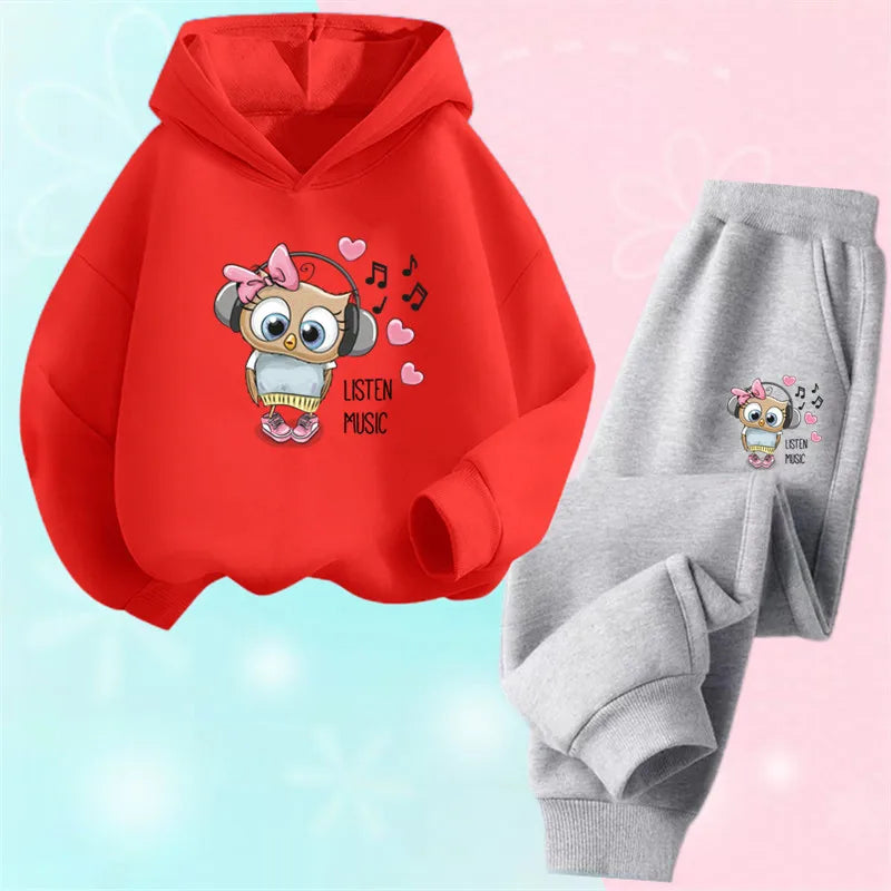 Children's Cute Owl Hoodie And Pants Set Toddler Girls Clothing Spring Autumn Print Sports Tracksuit Age 3-14