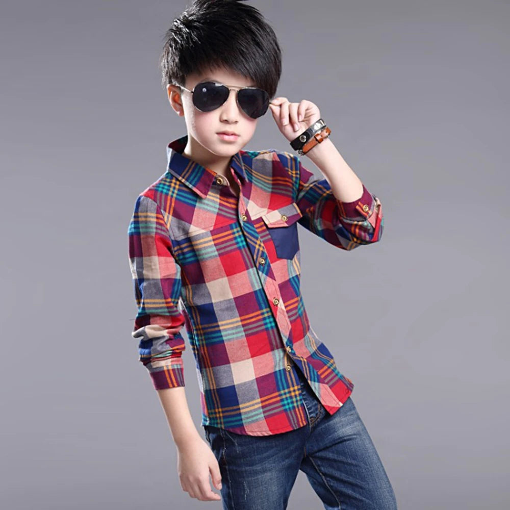 Teenager Boys Shirt Kids Cotton Boys Plaid Shirt