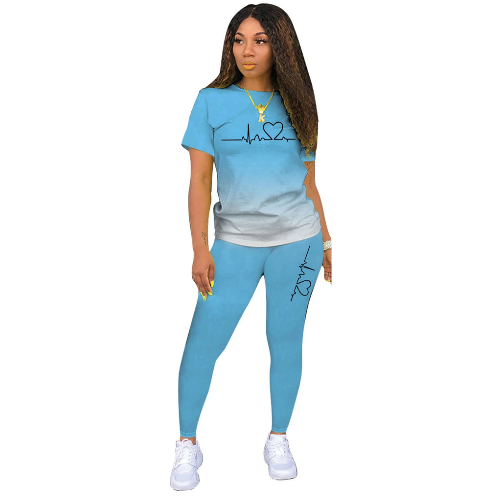 Summer Women Fashion Print Clothes T-shirt and Pants Suit