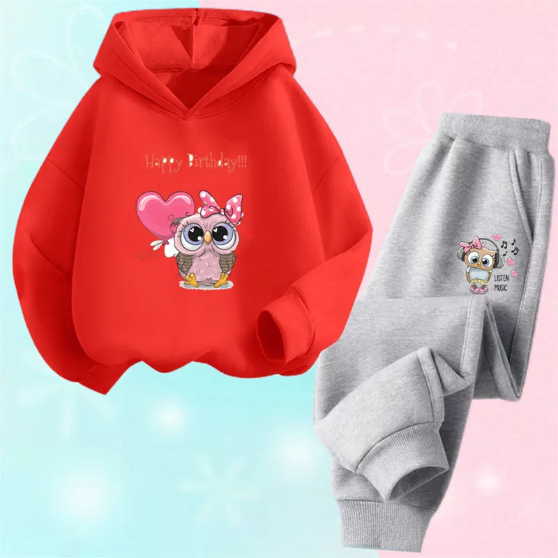 Children's Cute Owl Hoodie And Pants Set Toddler Girls Clothing Spring Autumn Print Sports Tracksuit Age 3-14