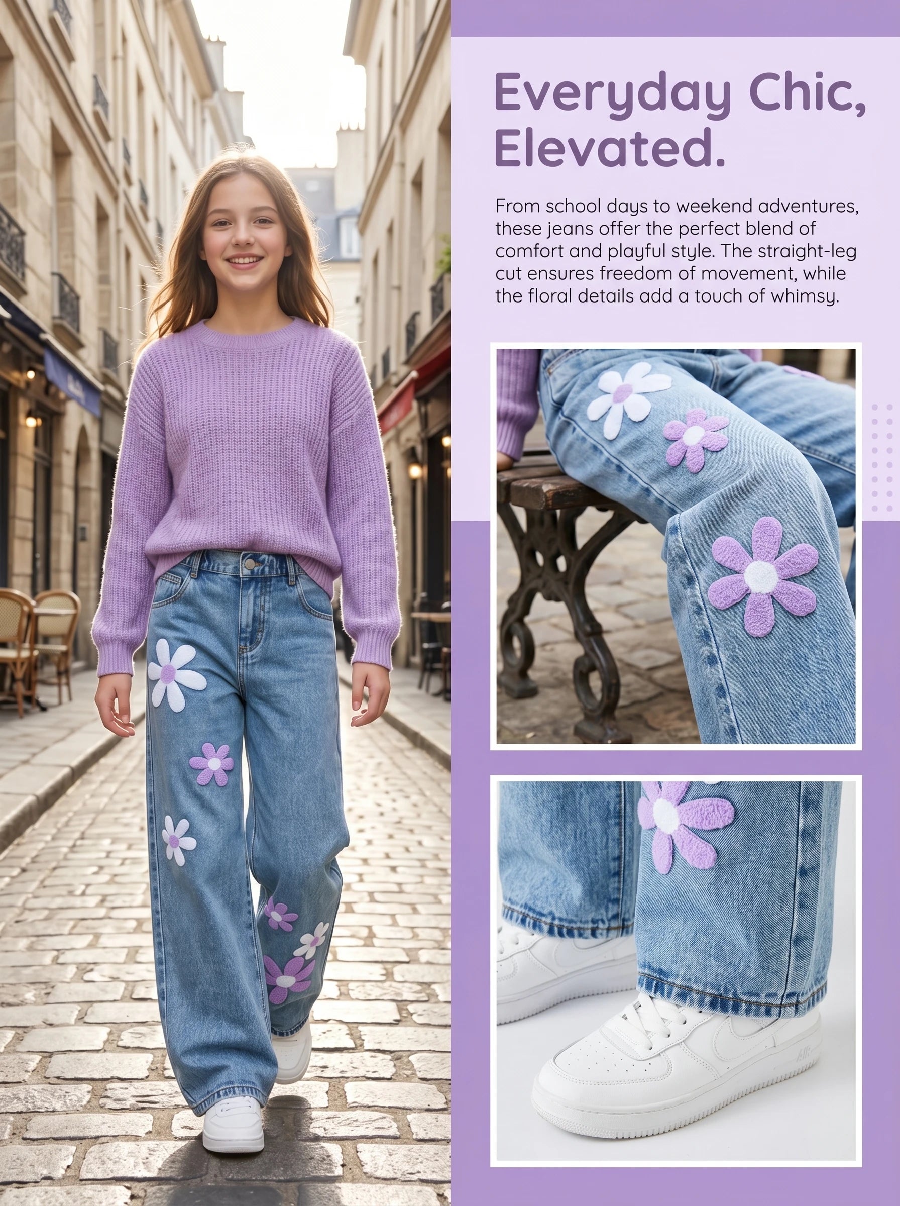 Girls Flower Patch Wide Leg Jeans Kids