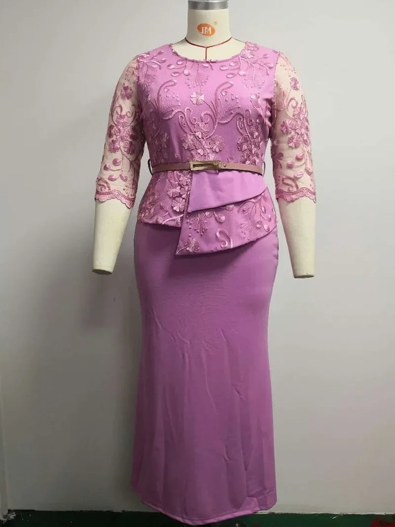 Women O Neck 3/4 Sleeve Long Maxi Dress Fashion Lace Patchwork Night Party Dress