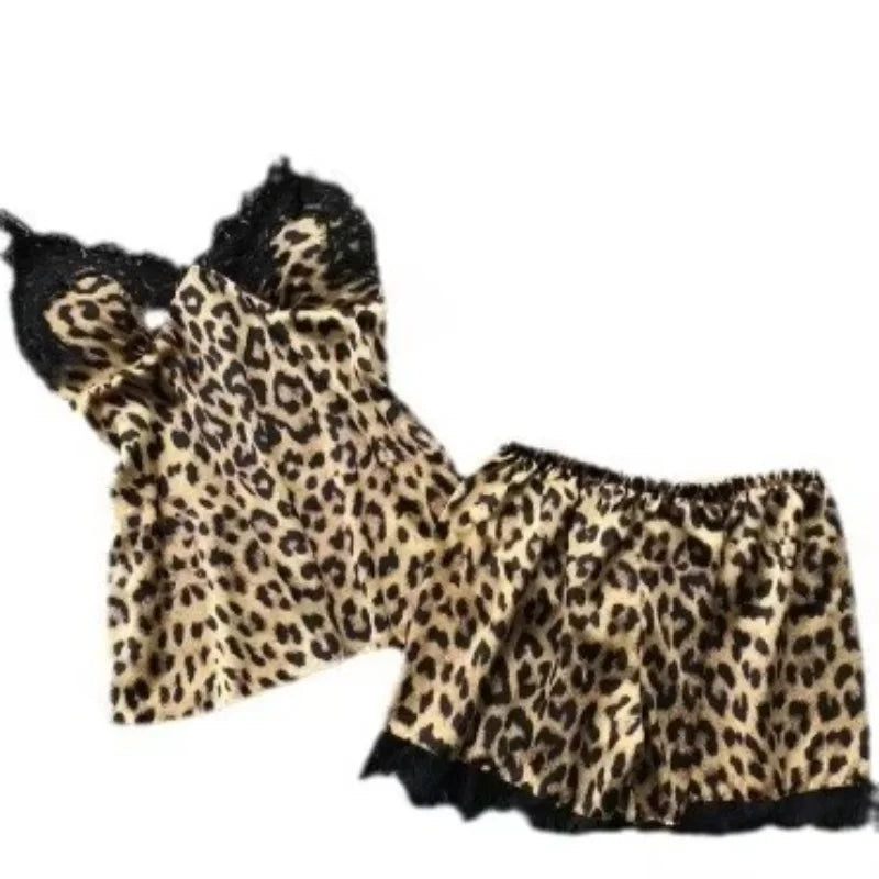 sexy lace splicing leopard print suspenders and leopard print shorts two-piece set