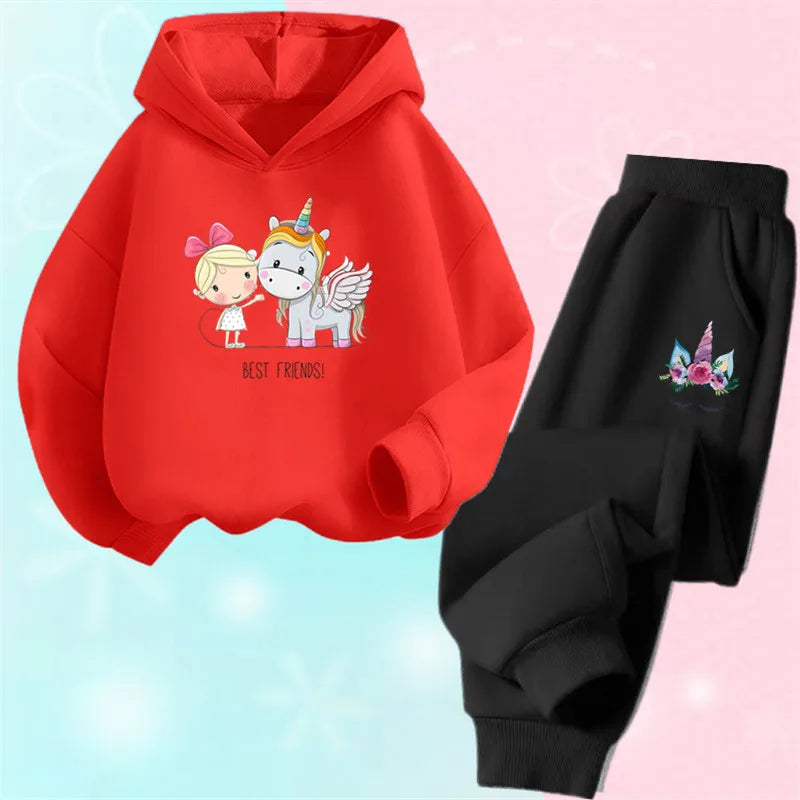 Girls Cartoon Unicorn Pony Hooded Cotton Suit Two-Piece Outfit Hoodie And Pants Set Spring Autumn Sport Clothes for Ages 3-14
