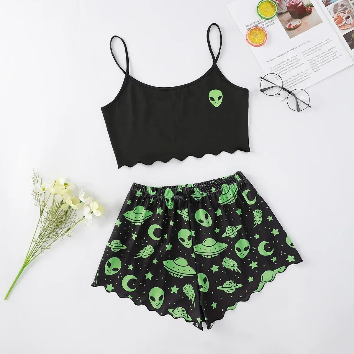 Sexy Alien Print Sling Sleepwear Women's Pajamas Set