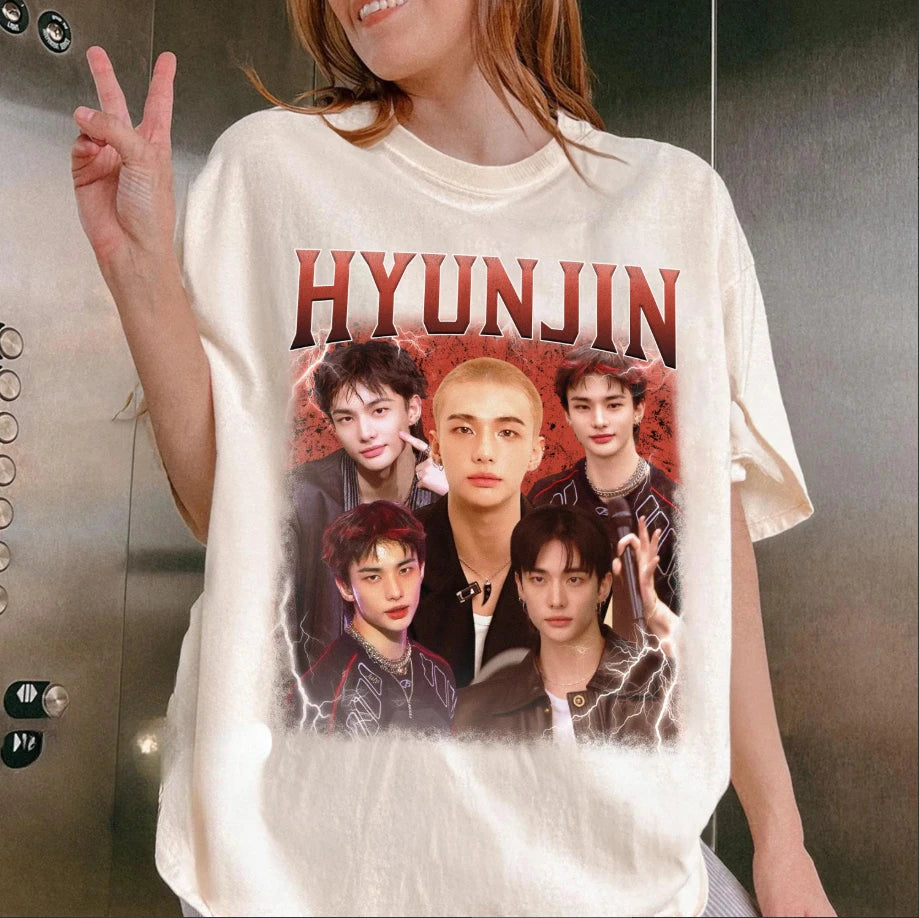 Hyunjin Stray Kids Printed T-shirt Women's Retro Trendy Style Top Spring/Summer Pure Cotton Unisex Short Sleeve T-shirt