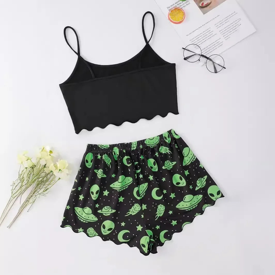 Sexy Alien Print Sling Sleepwear Women's Pajamas Set