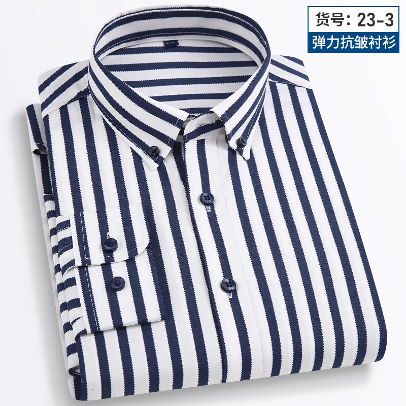 2024 Spring New Stretch Long Sleeve Shirt Men's Striped Korean Slim Shirt Business Casual No-Iron Comfortable Men's Clothing
