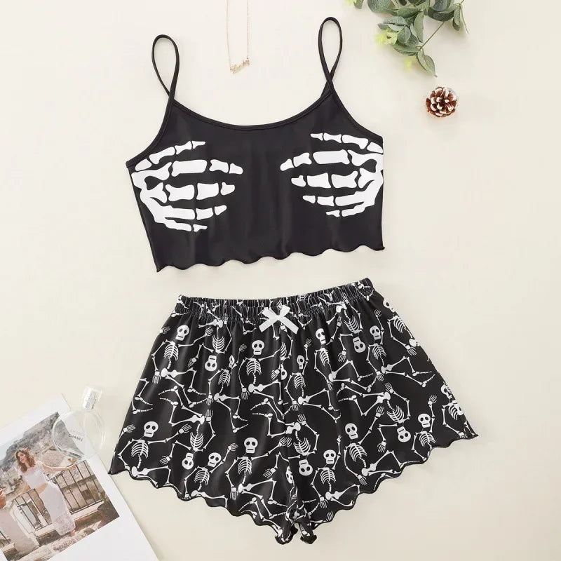 Sexy Alien Print Sling Sleepwear Women's Pajamas Set