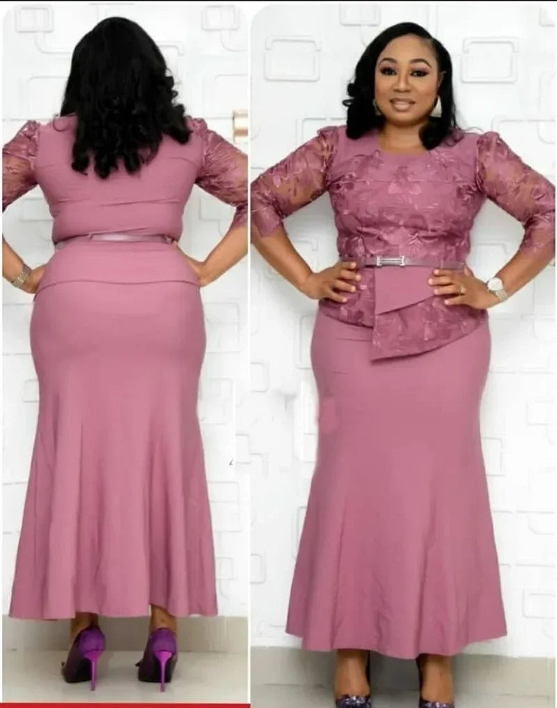 Women O Neck 3/4 Sleeve Long Maxi Dress Fashion Lace Patchwork Night Party Dress