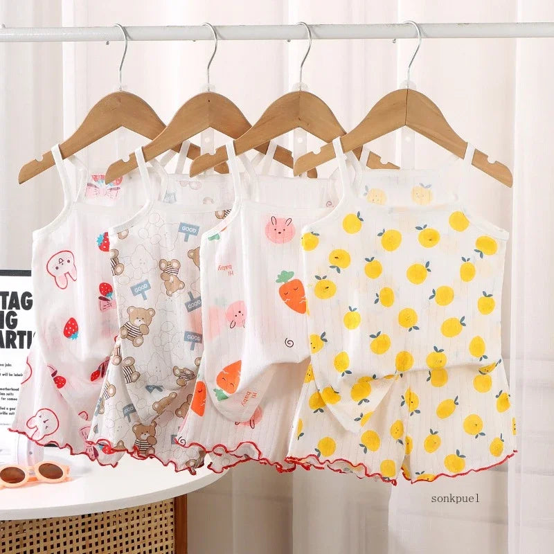2pc Children's Summer Thin Strap Set Baby Shorts +tops Cotton Vest Girls