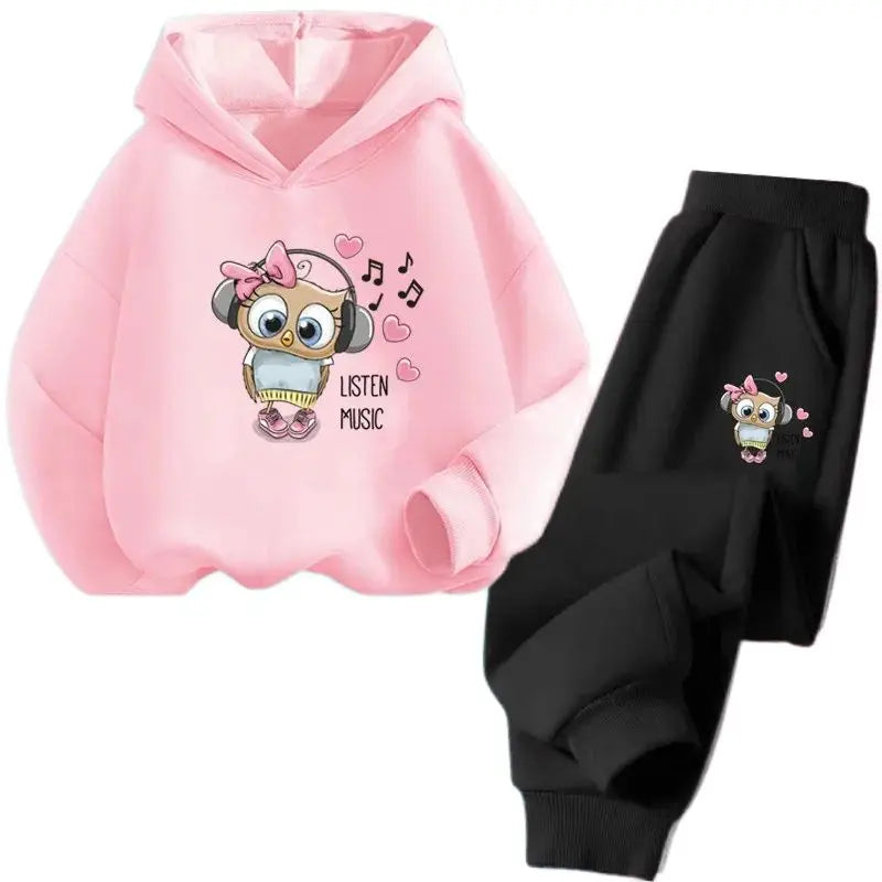 Children's Cute Owl Hoodie And Pants Set Toddler Girls Clothing Spring Autumn Print Sports Tracksuit Age 3-14