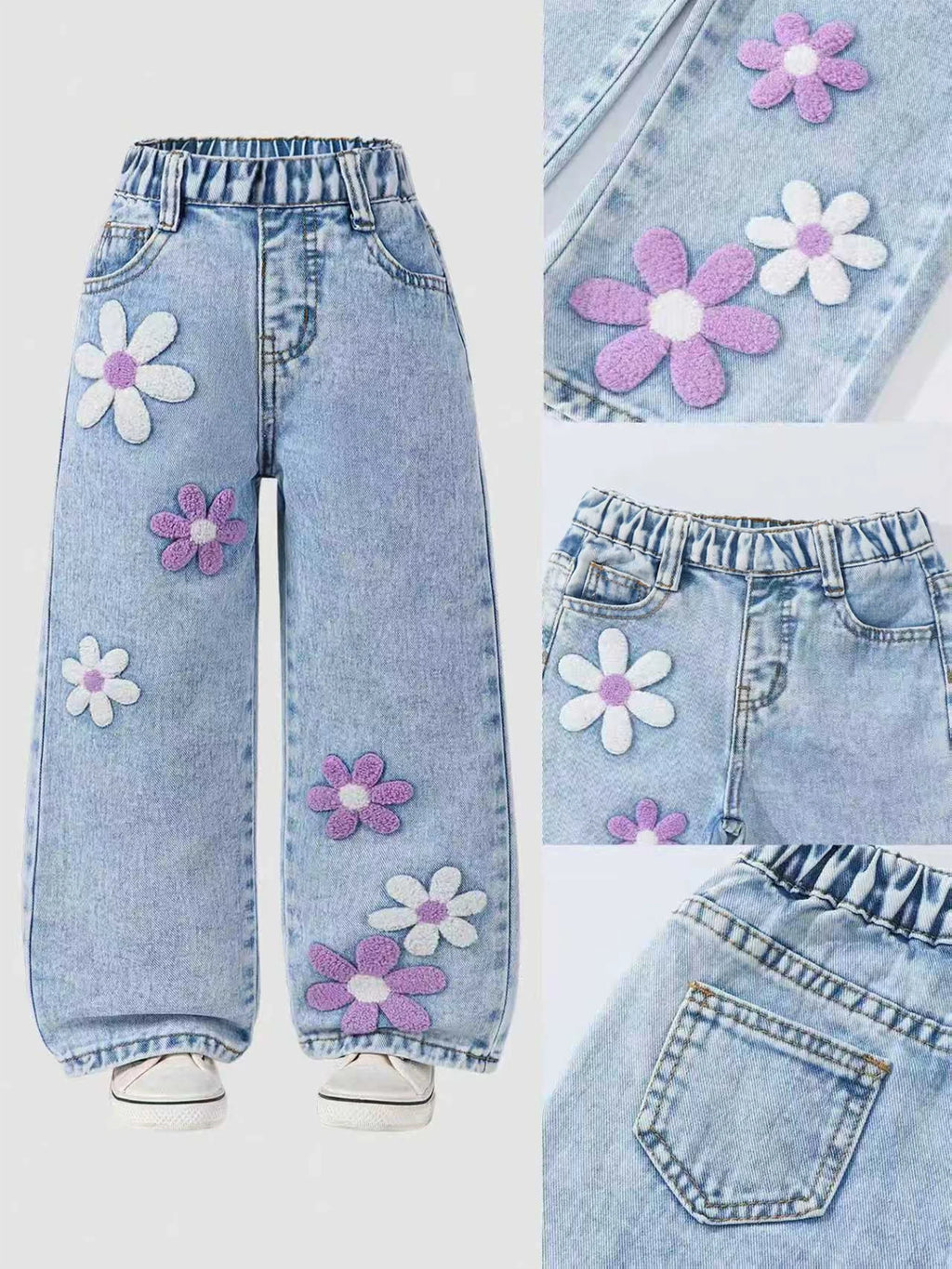 Girls' Floral-Printed Towel-Stitch Denim Jeans