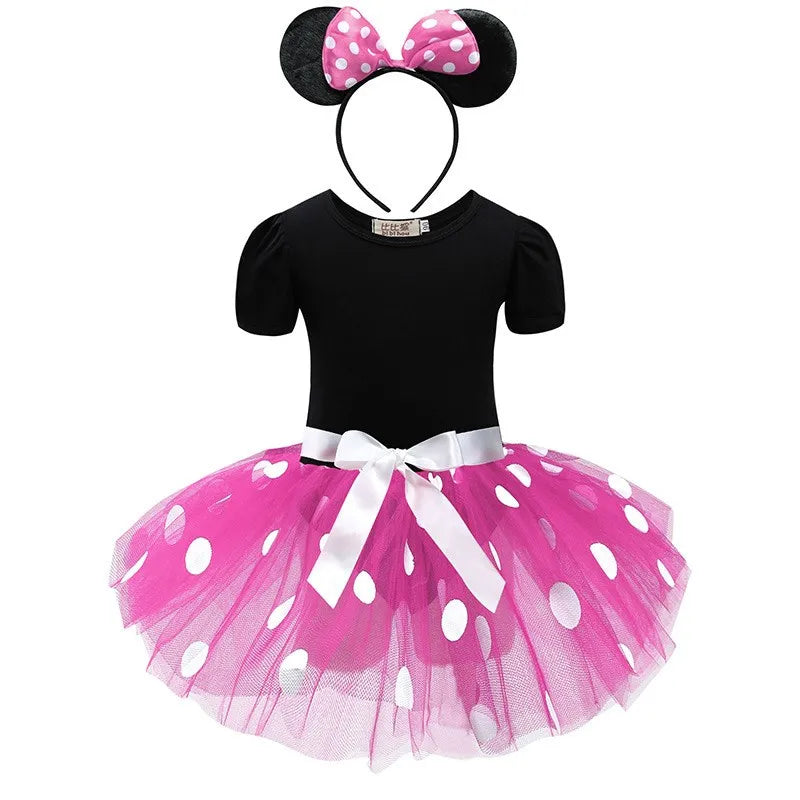 Baby Girls Ballet Tutu Dress Summer Kids Bow Dots Dress Headband Cartoon Mouse