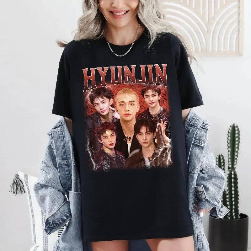 Hyunjin Stray Kids Printed T-shirt Women's Retro Trendy Style Top Spring/Summer Pure Cotton Unisex Short Sleeve T-shirt