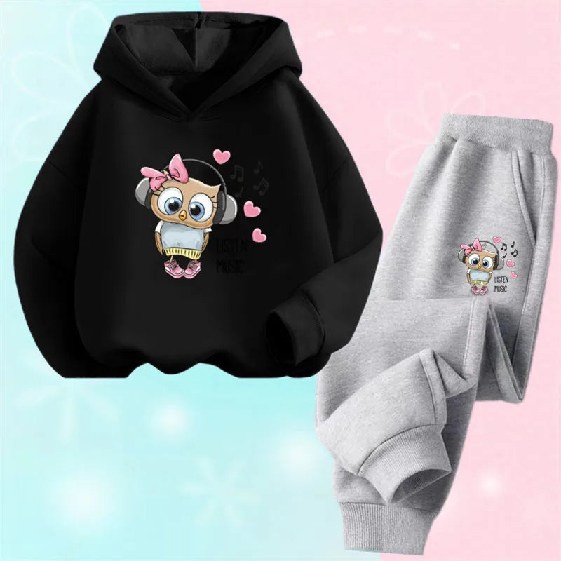 Children's Cute Owl Hoodie And Pants Set Toddler Girls Clothing Spring Autumn Print Sports Tracksuit Age 3-14