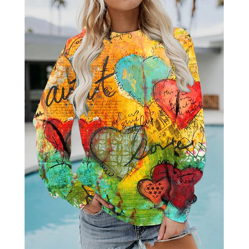 Colorful Heart Pattern Graffiti Art Love 3D Print Sweatshirts Women