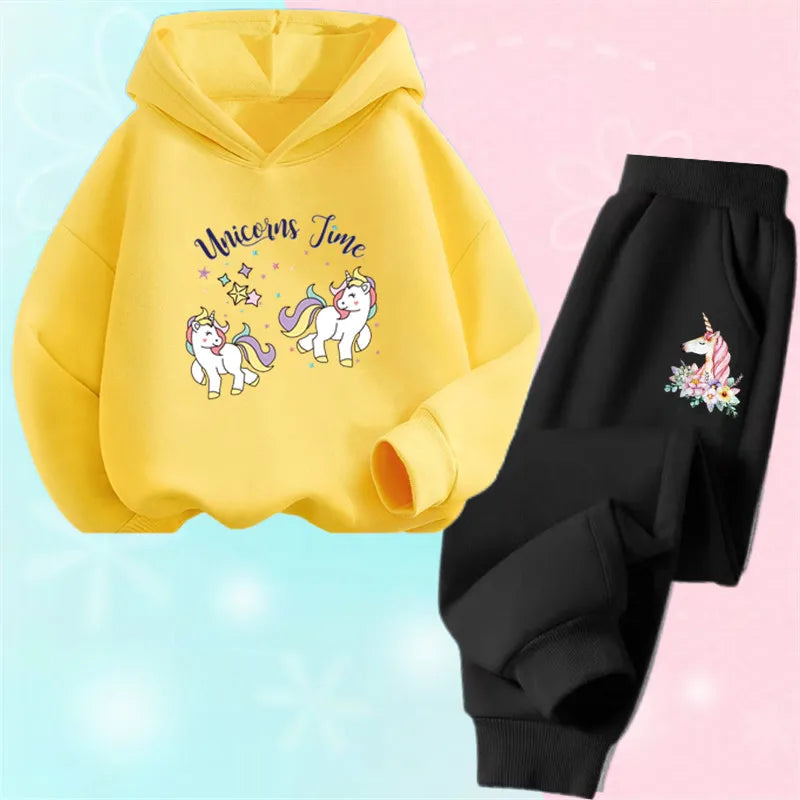 Girls Cartoon Unicorn Pony Hooded Cotton Suit Two-Piece Outfit Hoodie And Pants Set Spring Autumn Sport Clothes for Ages 3-14