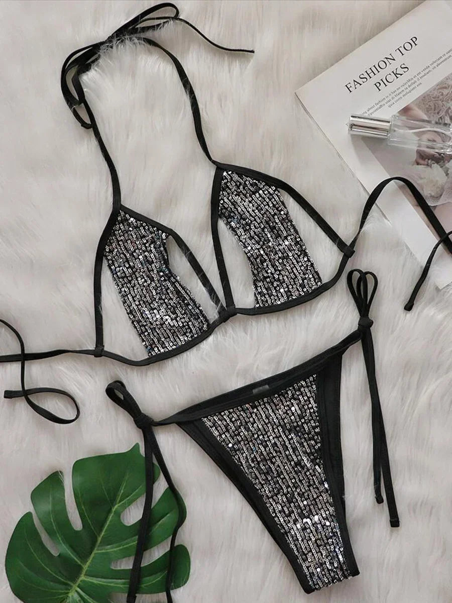 Shiny Sequins Halter Hollow Out Bikini  Female Thong Swimwear