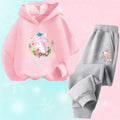 Girls Cartoon Unicorn Pony Hooded Cotton Suit Two-Piece Outfit Hoodie And Pants Set Spring Autumn Sport Clothes for Ages 3-14